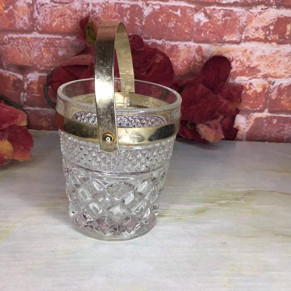 Vintage 60s Anchor Hocking Whimsy Wexford Crystal and Brass Sugar Bucket